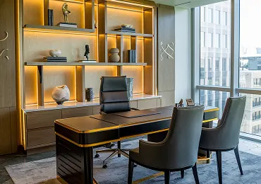 Executive office interior design with illuminated shelving