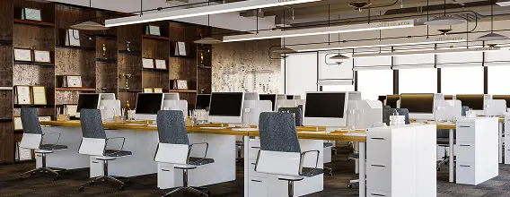 Modern open-plan workspace fit-out with collaboration areas in Dubai