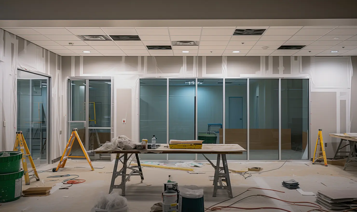 Office fit-out in progress with partitions and ceiling works in Dubai