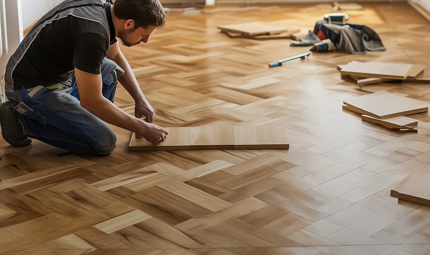 Installer fitting herringbone wood flooring