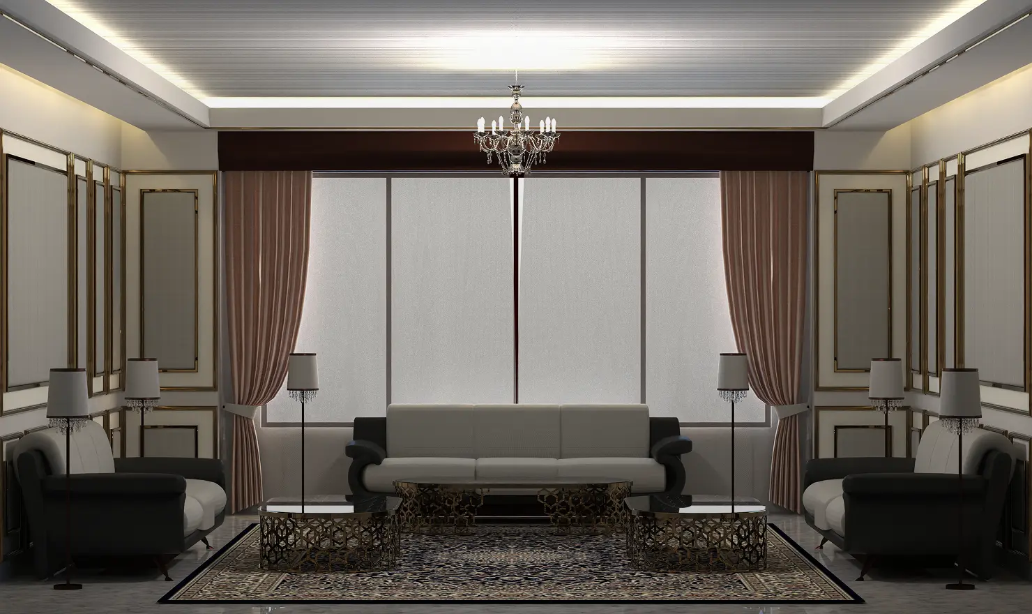 Formal majlis with wall panelling, curtains and chandelier