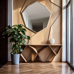 Wall finish with geometric timber cladding and wooden flooring