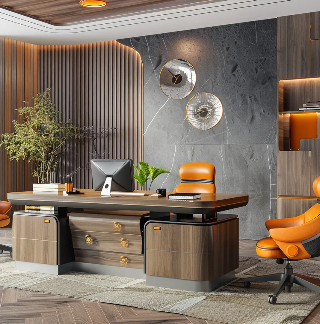 Executive office with custom desk and orange leather chair