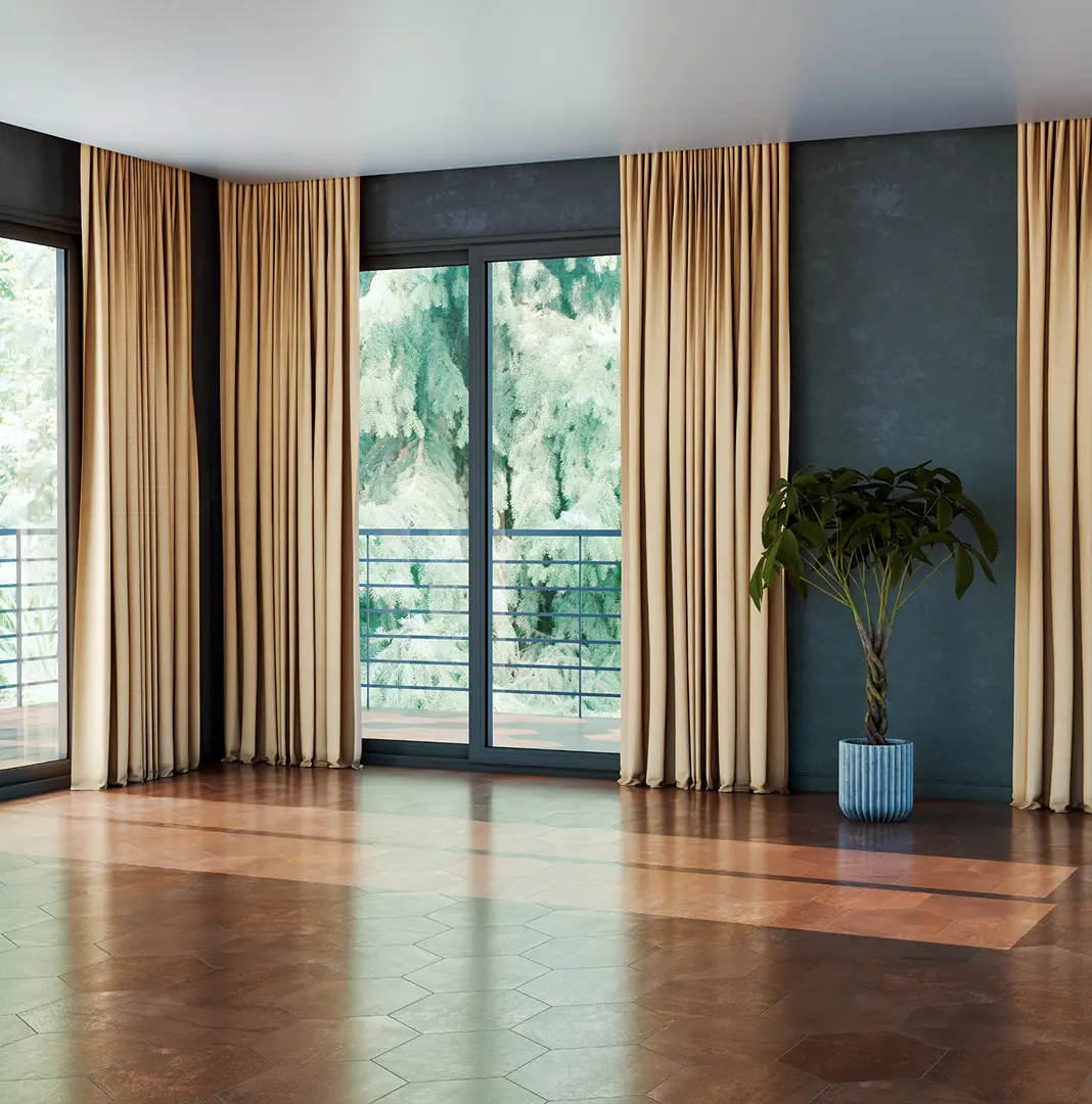 Living room with floor-length curtains and sheers