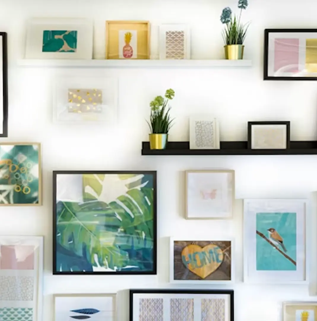 Gallery wall of framed artwork for interior styling