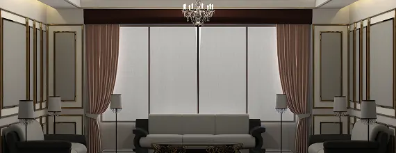 Formal majlis with wall panelling and curtains in a Dubai villa
