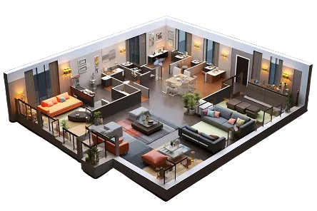 3D floor plan of a furnished apartment for interior design and space planning