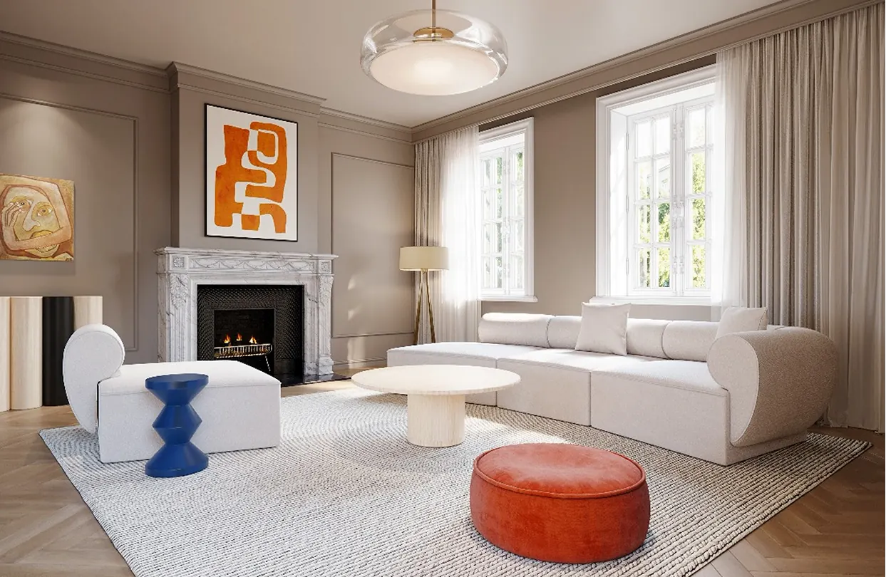 Living room with herringbone wood flooring and area rug in a Dubai villa