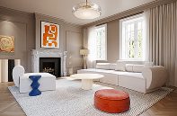 Living room with herringbone wood flooring and area rug in a Dubai villa